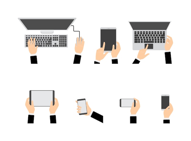 Mains utilisant différents appareils. Ordinateur et téléphone portable, tablette et ordinateur portable. Technologie éléctronique. Illustration vectorielle plane isolée
