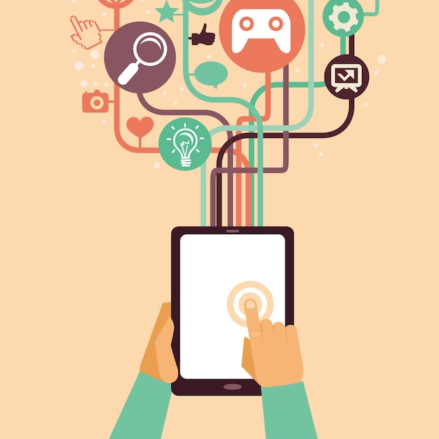 Mains de vecteur et tablet pc avec des éléments de l&#39;internet - illustration dans un style plat rétro