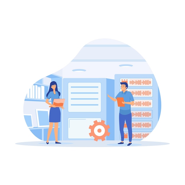 Maintenance du serveur Personnes travaillant sur ordinateur et effectuant des travaux techniques avec le serveur