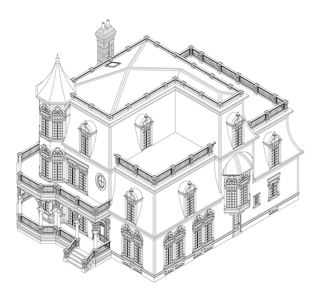 Maison Ancienne De Style Victorien. Illustration Sur Fond Blanc. Illustration En Noir Et Blanc Dans Les Lignes De Contour. Espèces De Différents Côtés.