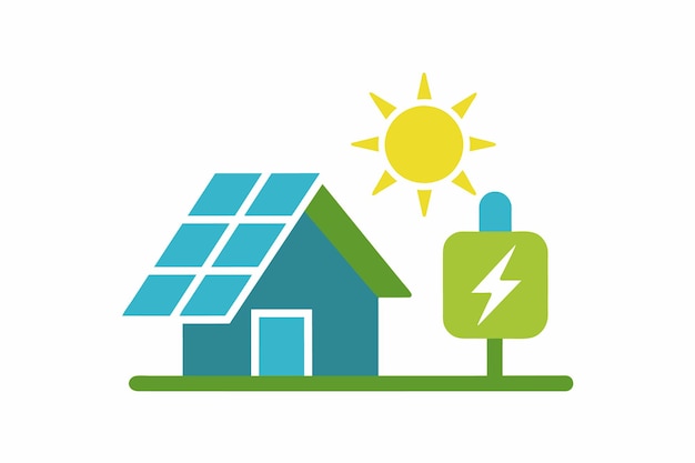 une maison bleue avec un panneau solaire et un homme avec une maison en arrière-plan