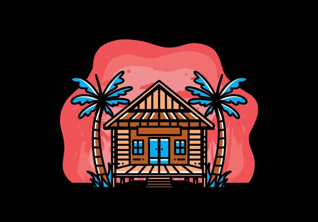 Maison En Bois Sur La Conception D'insigne D'illustration De Plage