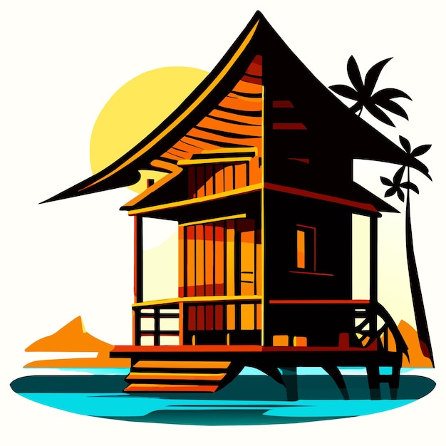 Vecteur la maison en bois sur la plage est une illustration vectorielle.