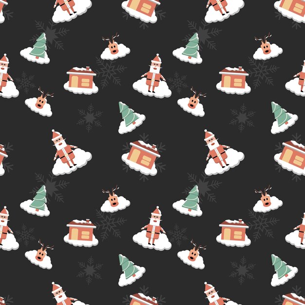 Maison de bonhomme de neige couverte de neige avec cheminée arbre de Noël tête de cerf flocon de neige motif de répétition sans couture pour l'emballage textile cadeau couverture fond pour le projet de conception de Noël