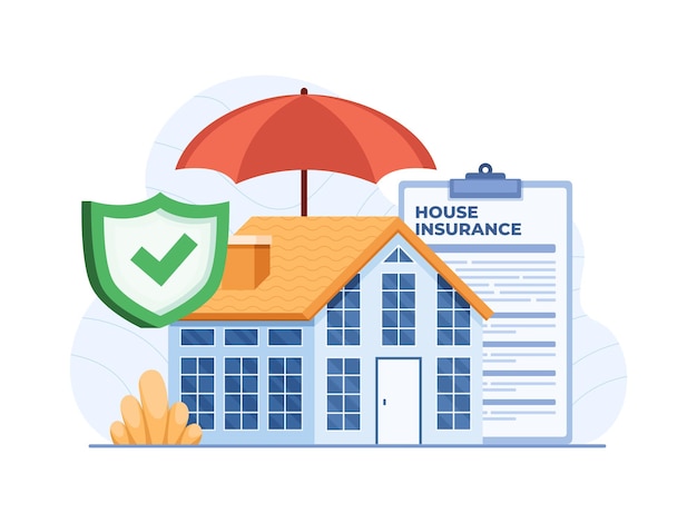 Une maison avec un bouclier et un parapluie symbolisant la protection de l'assurance des biens