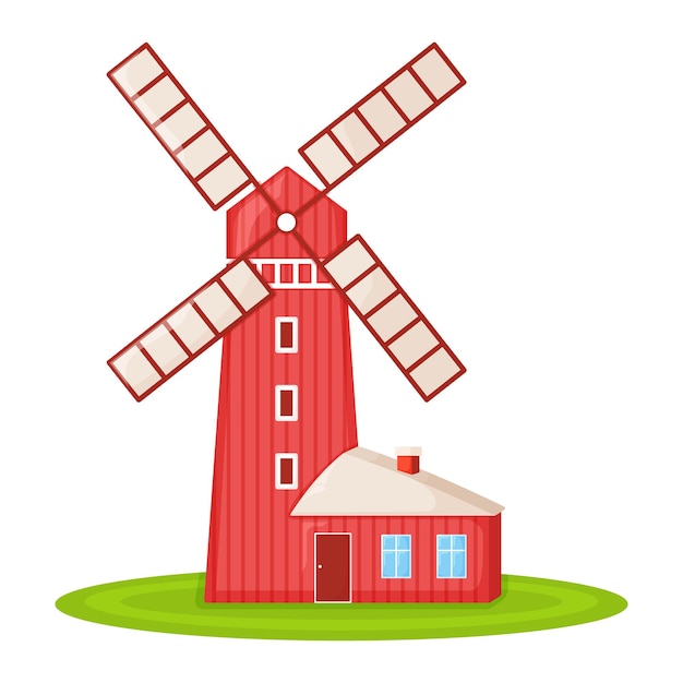 Vecteur maison de campagne avec moulin rouge, grange de ferme et bâtiment de grenier sur illustration de vecteur de dessin animé de terrain de ferme verte, isolé sur blanc. grand ranch moderne avec récolte.