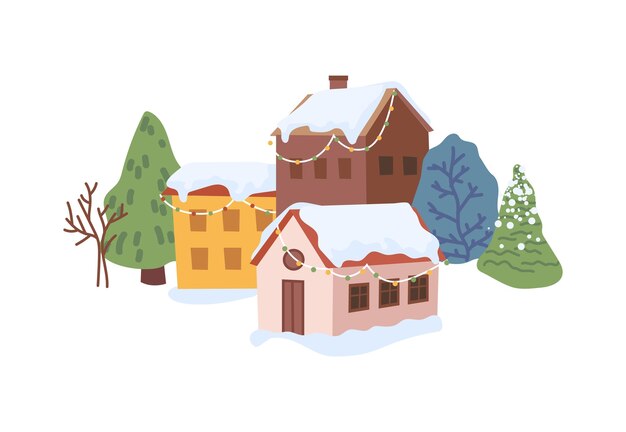 Vecteur maison de campagne de noël d'hiver et chalet de sapins de neige