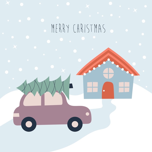 Maison De Campagne Et Voiture Avec Arbre De Noël Sur Le Toit. Illustration Vectorielle.