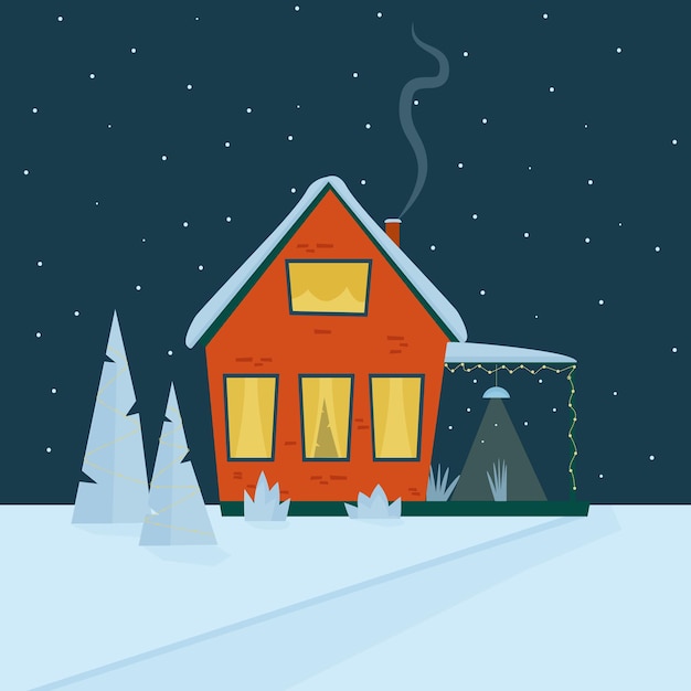 Une maison confortable rouge avec un toit dans la neige avec des arbres de Noël dans une cour enneigée