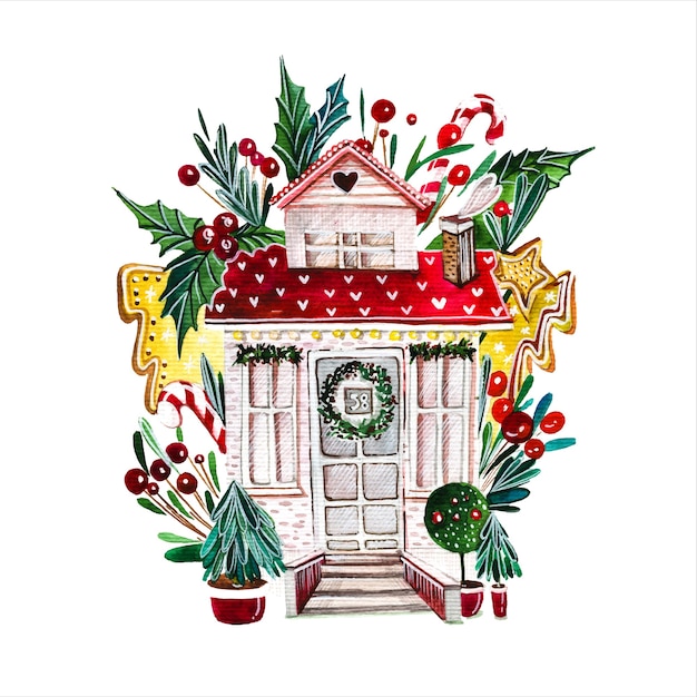 Maison De Conte De Fées Illustration Aquarelle Dessinée à La Main Façade De Cabane Fabuleuse Entourée D'arbres Décorés Du Nouvel An Sur Fond Blanc Bâtiment Avec Des Décorations De Noël Peinture Aquarelle