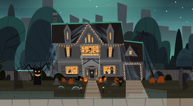 Maison décorée pour Halloween, vue de face avec différentes citrouilles