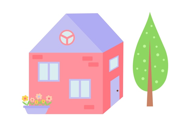 Vecteur une maison douce rose avec un arbre et des fleurs dans un pot une jolie maison de poupée de dessin animé