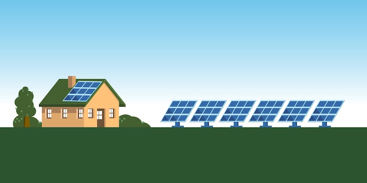 Vecteur maison écologique avec panneaux solaires et arbres à proximité. énergie alternative. maison de famille