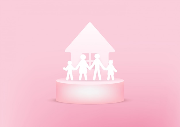 Maison Et Famille Papier 3d. Notion De Famille Heureuse.