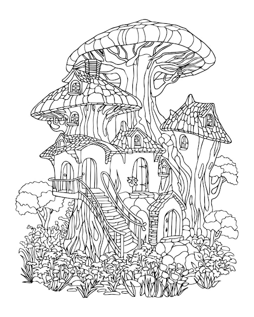 Vecteur la maison de la forêt de contes de fées en champignon à colorier