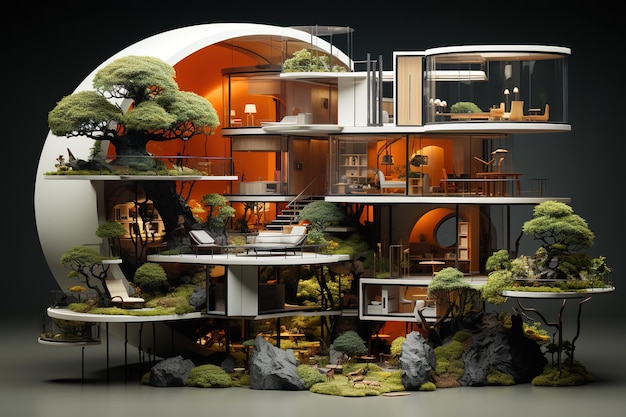 Vecteur maison futuriste construite dans la jungle forêt tropicale jungle future architecture conception de maison