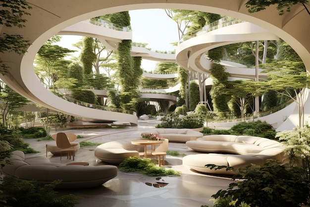 Vecteur une maison futuriste avec des jardins aménagés