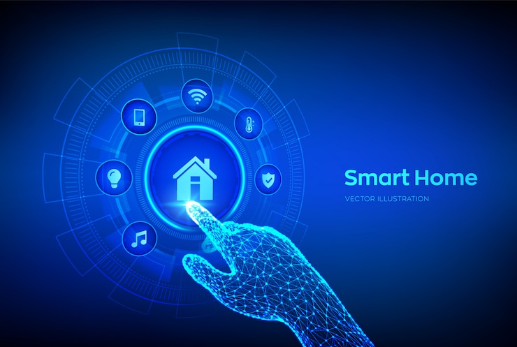 Vecteur maison intelligente. concept de système de contrôle d'automatisation sur un écran virtuel. main robotique touchant l'interface numérique.
