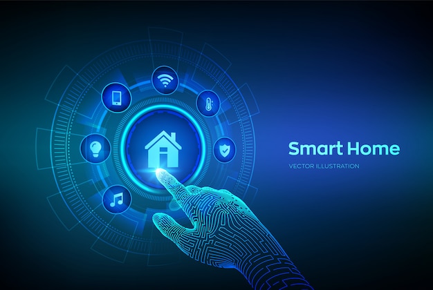 Maison intelligente. Concept de système de contrôle d'automatisation sur un écran virtuel. Main robotique touchant l'interface numérique.
