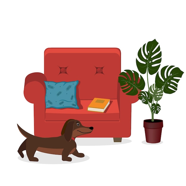 Vecteur maison intérieur fauteuil fleur et chien couleur vector illustration plat