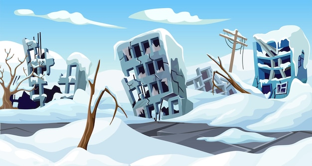 Vecteur maison de jeu de dessin animé de l'ère glaciaire avec des montagnes de neige bâtiment détruit par la gelée après la tempête