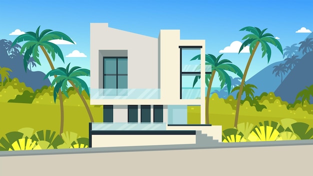 Vecteur maison moderne dans la bande tropicale repos et logement locatif en vacances maison blanche avec grand vent