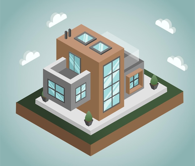 Maison moderne isométrique avec deux magasins et deux balcons