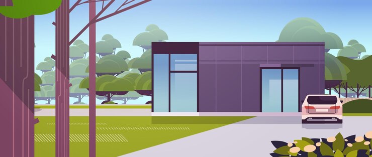 Vecteur maison moderne de panneaux sandwich avec de grandes fenêtres panoramiques construction de maisons contemporaines respectueuses de l'environnement concept de logement modulaire illustration vectorielle horizontale