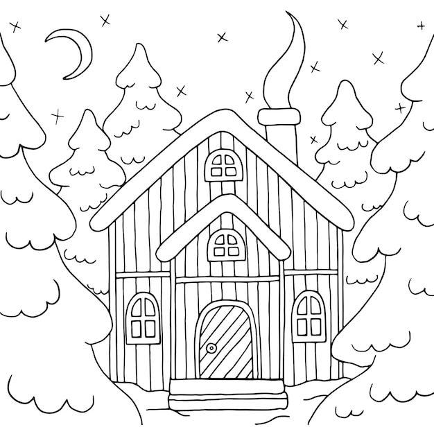 Une Maison De Noël Dans La Forêt D'hiver, Coloriage