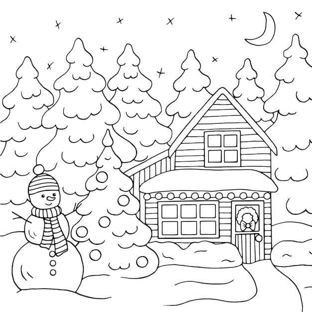 Une Maison De Noël Dans La Forêt D'hiver, Coloriage