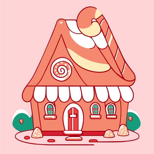 Maison De Noël Avec De La Neige Dessinée à La Main, Plate, élégante, Sticker De Dessin Animé, Concept D'icône Isolé