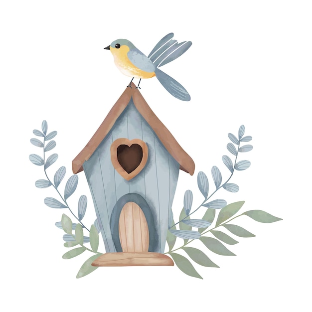 une maison d'oiseaux avec un oiseau sur le dessus