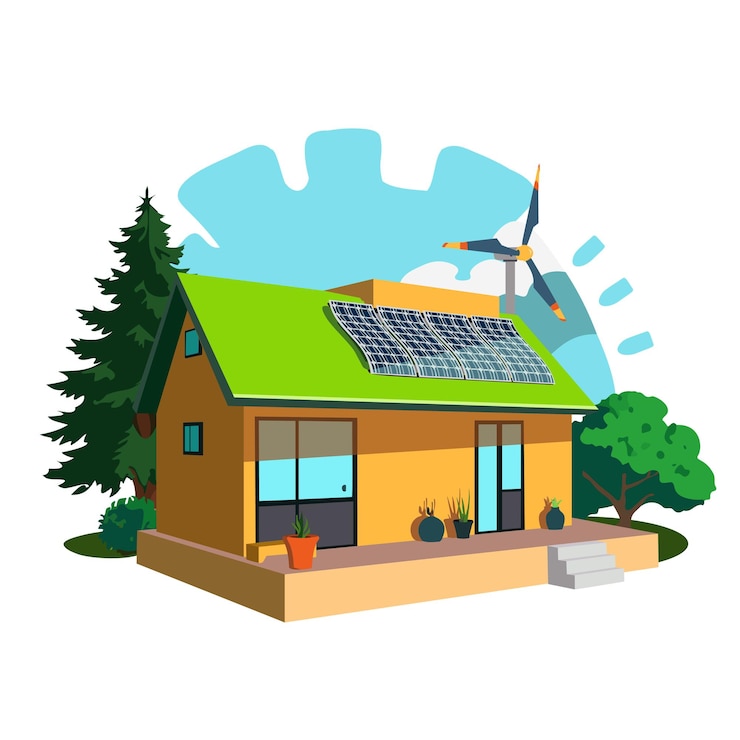 Vecteur maison avec panneaux solaires sur le toit à côté de l'illustration de l'éolienne