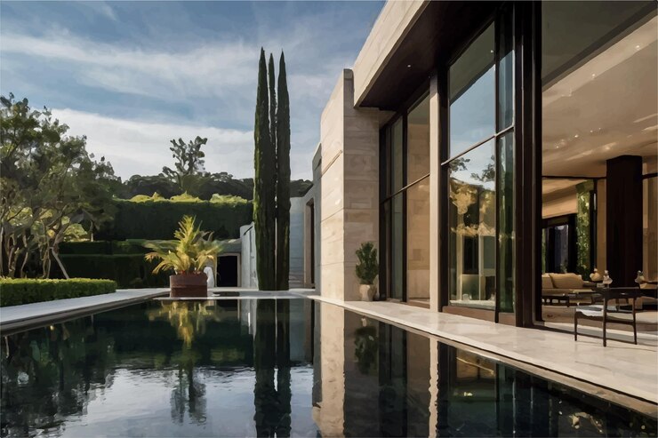 Vecteur une maison avec une piscine et une maison avec un bassin et une grande fenêtre