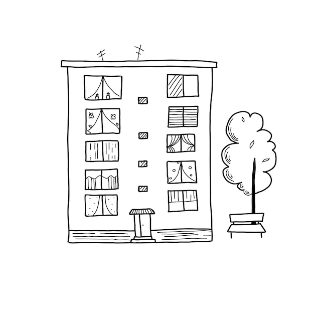 Vecteur maison à plusieurs étages avec antenne sur le toit, allée et banc avec un arbre. illustration vectorielle dans