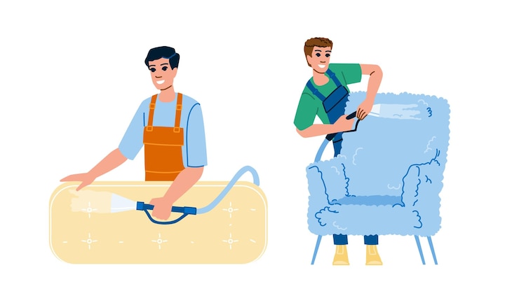 Vecteur maison rembourrage nettoyage vecteur service chimique propre propreté sale maison rembourrage de la maison nettoyage personnage gens plat dessin animé illustration
