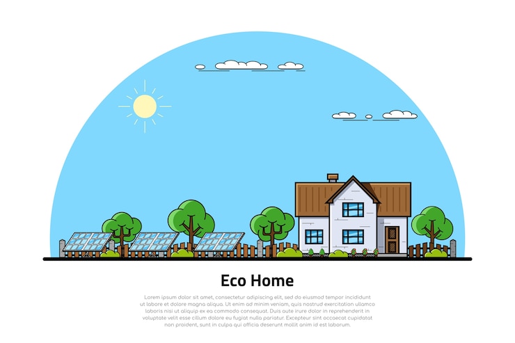 Vecteur maison résidentielle privée écologique verte avec panneaux solaires, concept d'énergie renouvelable et technologies écologiques