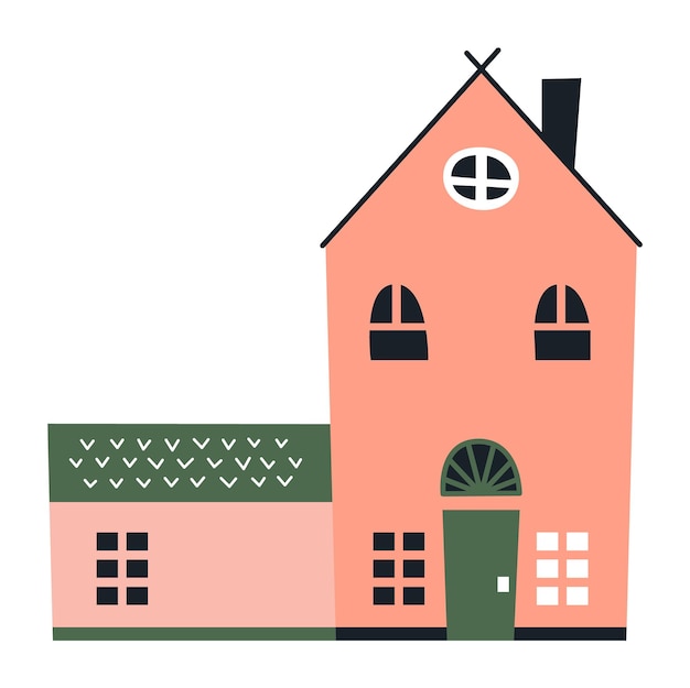 Vecteur maison rose confortable avec fenêtre ronde. immeuble mignon isolé sur fond blanc