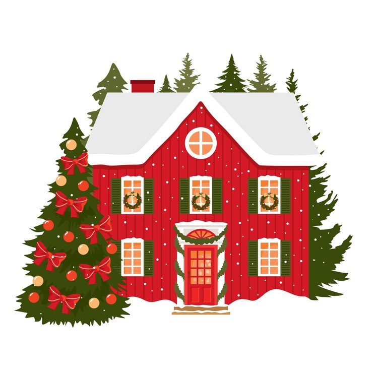 Vecteur maison rouge décorée de noël maison du père noël chalet rouge d'hiver avec une guirlande et un arbre de noël clipart vectoriel illustré