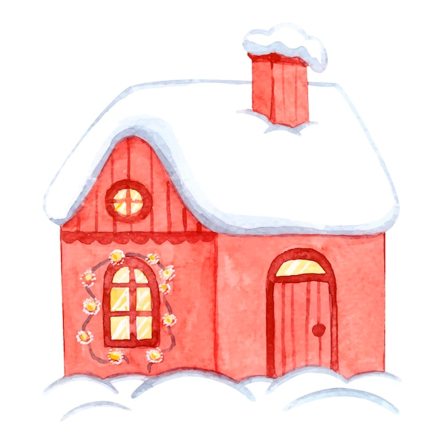 Maison rouge d'hiver aquarelle. Illustration de Noël peinte à la main isolée sur fond blanc. Vacances