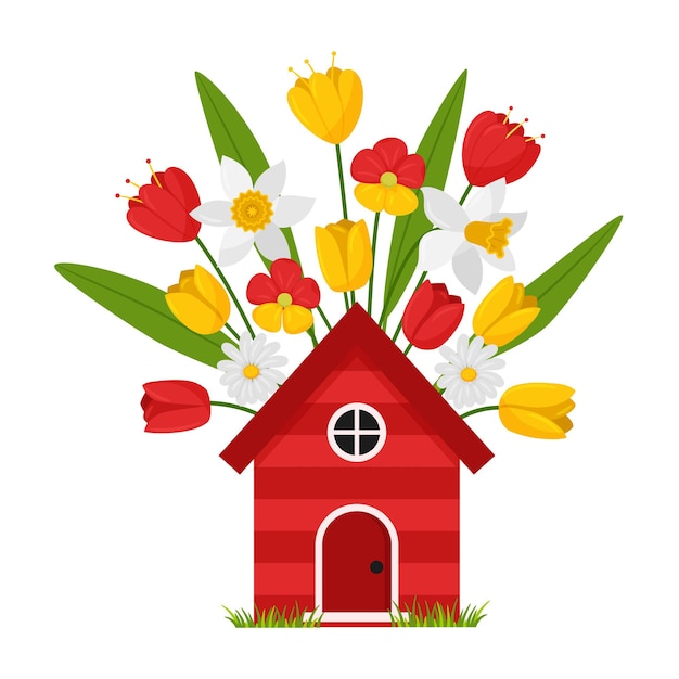 Vecteur une maison rouge vif avec des fleurs printanières