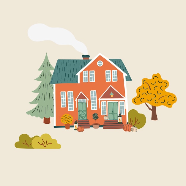 Vecteur maison scandinave dessinée à la main entourée de plantes d'automne maison de campagne décorée de citrouilles