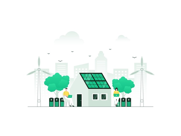Vecteur maison avec source d'alimentation indépendante énergie verte et renouvelable à partir de panneaux solaires et d'éoliennes illustration vectorielle avec couleur minimaliste