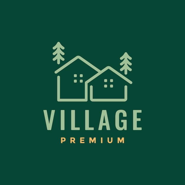 Maison Village Chalet Arbre Nature Style Simple Ligne Minimaliste Logo Design Vecteur Icône Illustration