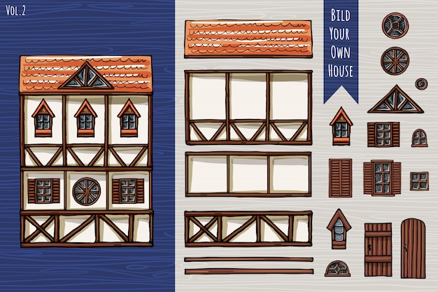 Maisons allemandes, collection d'éléments, objets, toit, fenêtres, portes. Style mignon d'architecture Fahverk. Dessiné à la main.