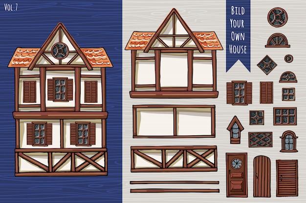 Maisons allemandes, collection d'éléments, objets, toit, fenêtres, portes. Style mignon d'architecture Fahverk. Dessiné à la main.