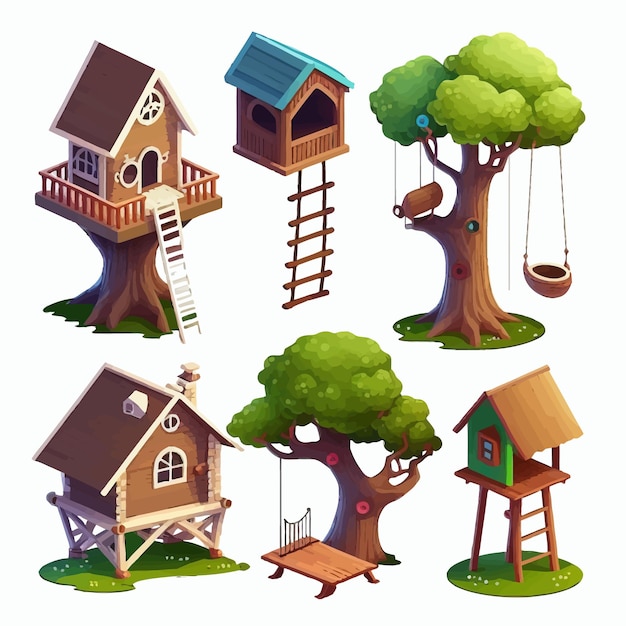 Vecteur maisons dans les arbres en bois avec échelle et balançoire pour enfants isolé sur fond illustration vectorielle de dessin animé