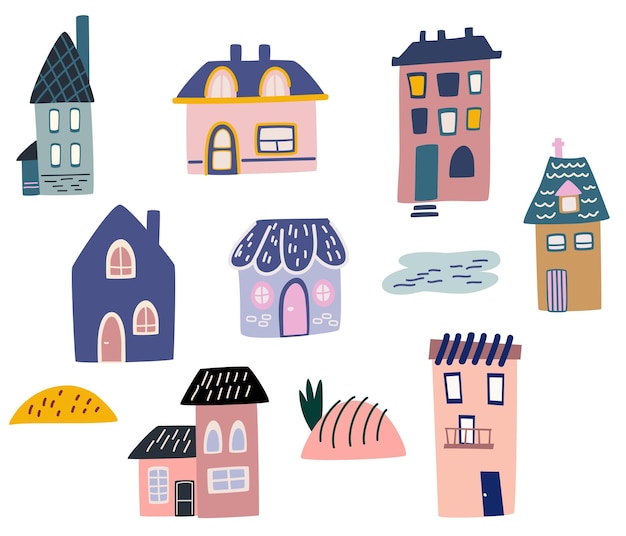 Vecteur maisons de dessin animé mignon diverses petites maisons minuscules petites maisons de ville minimalisme des bâtiments urbains illustrations vectorielles de construction résidentielle de banlieue minimale ensemble d'icônes