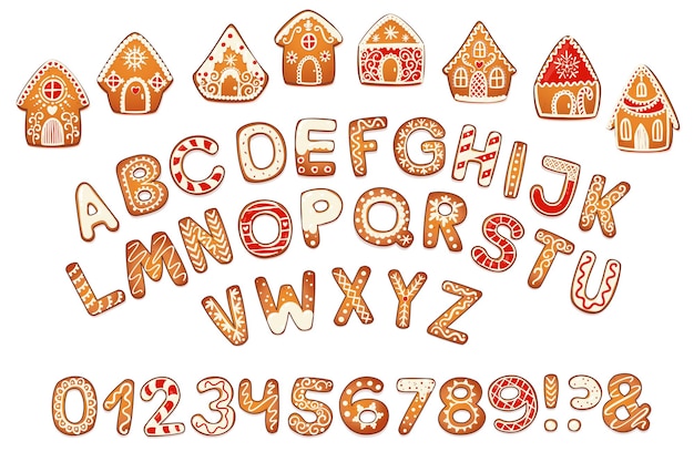 Maisons En Pain D'épice Et Ensemble De L'alphabet. Biscuit Traditionnel De Noël Mignon Avec Décoration De Glaçage Blanc. Illustration Vectorielle.