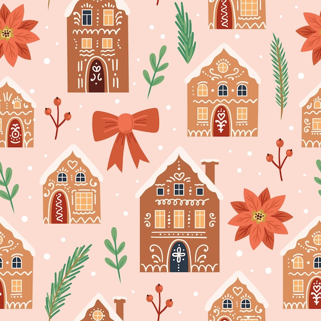 Maisons En Pain D'épice Motif De Noël Illustration Vectorielle Mignonne En Style Cartoon Plat